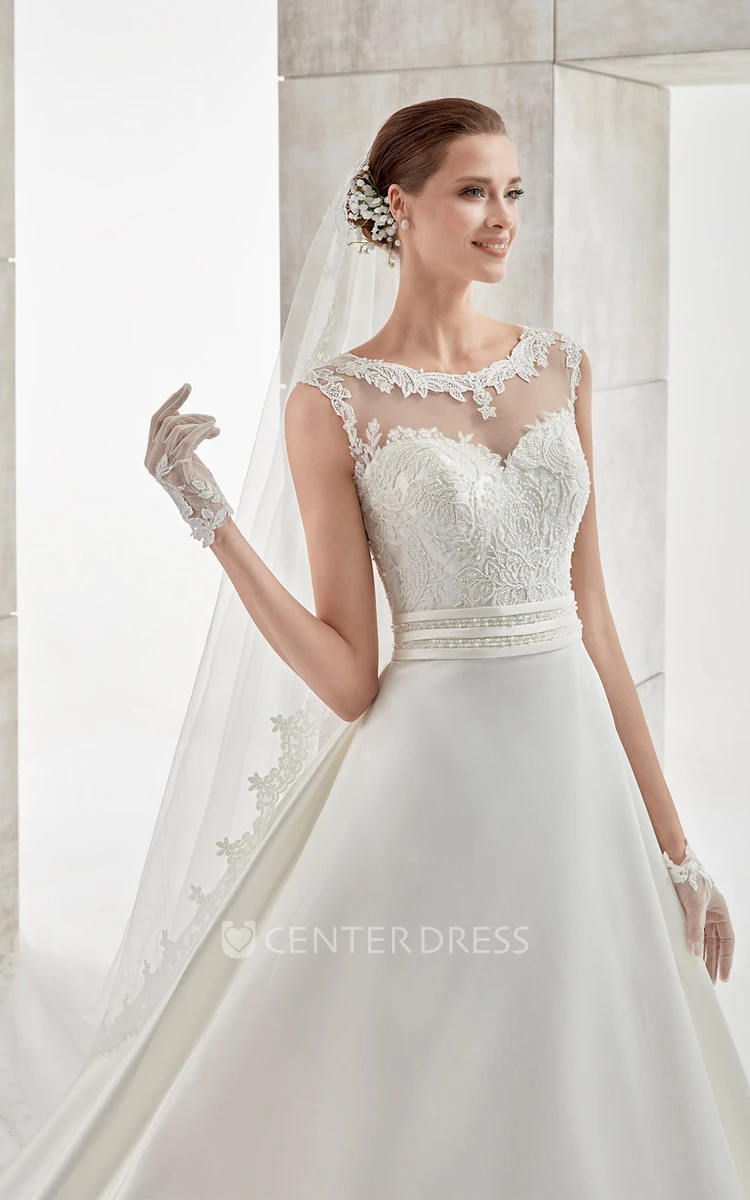 Jewel-Neck Cap-Sleeve A-Line Wedding Dress With Lace Bodice And Brush Train