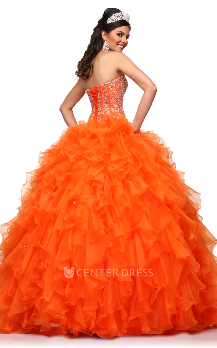 A-Line Sweetheart Sleeveless Chiffon Ball Gown With Cascading Ruffles And Crystal Bodice