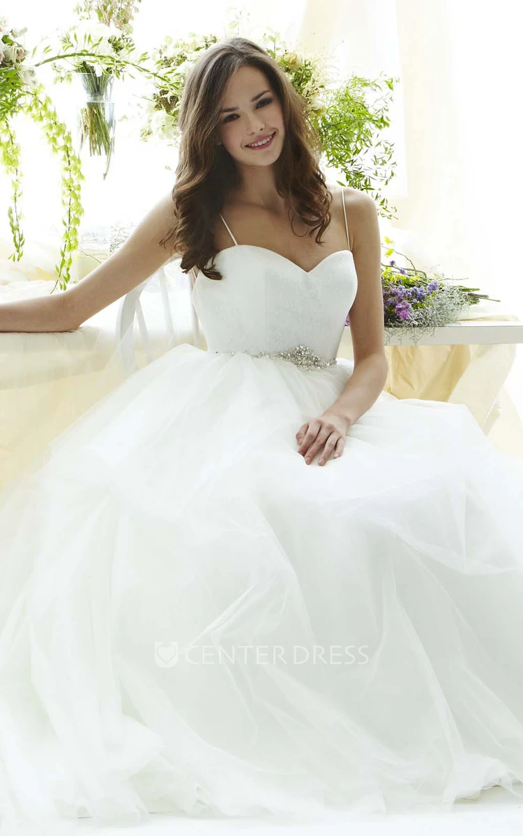 Long Spaghetti Jeweled Tulle Wedding Dress With Sweep Train And V Back