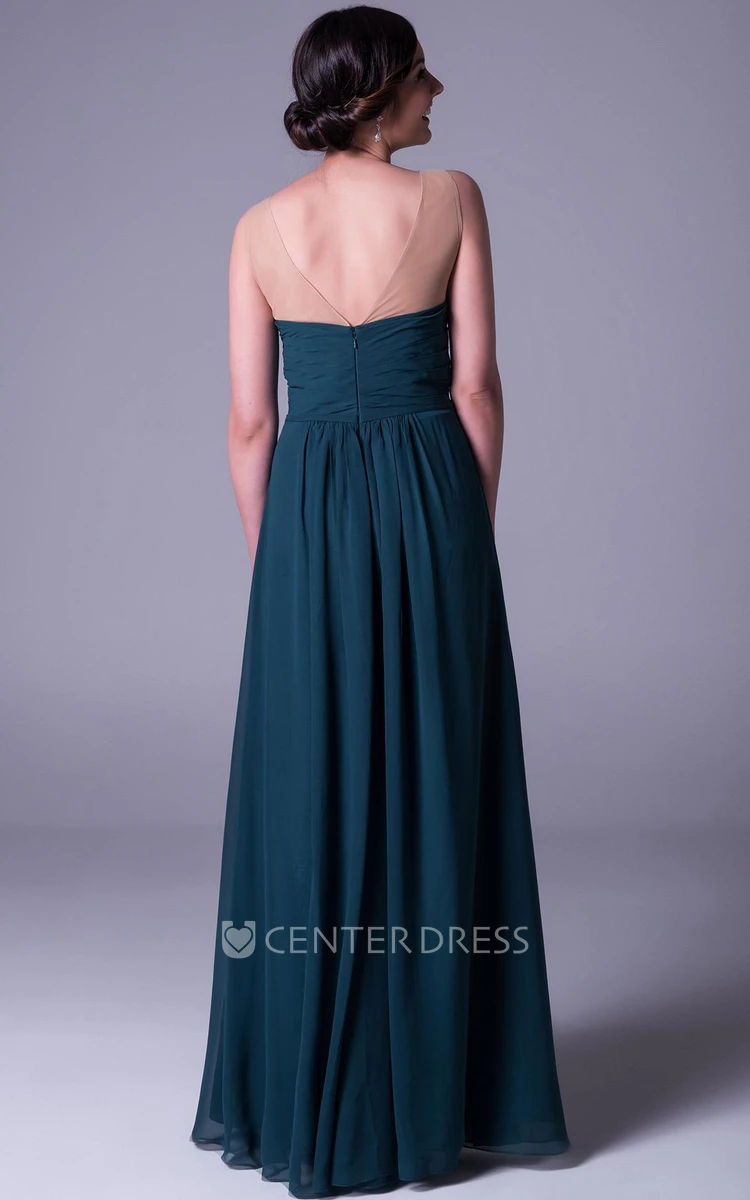 A-Line Scoop-Neck Long Ruched Sleeveless Chiffon Prom Dress With Beading
