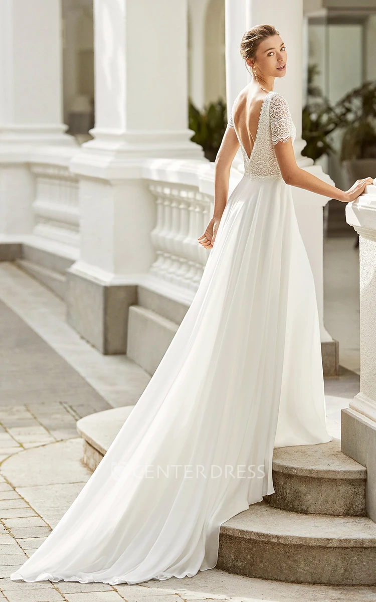 Chiffon Illusion Sleeve A-Line Wedding Dress Romantic Summer Beach