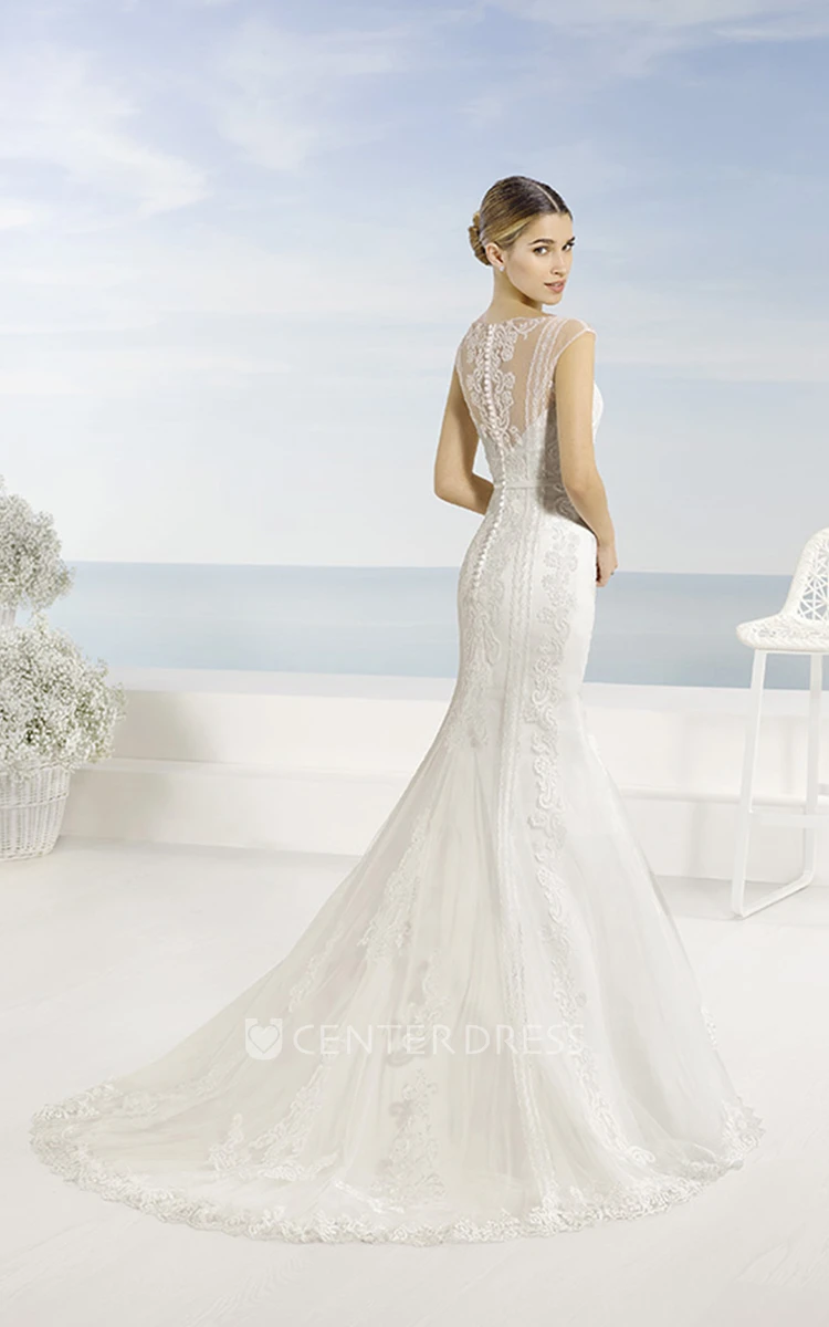 Trumpet Appliqued Long Bateau Cap-Sleeve Lace Wedding Dress With Court Train And Illusion Back