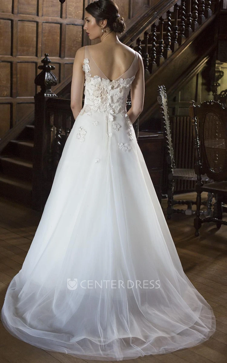 A-Line Sleeveless Bateau-Neck Floral Floor-Length Organza&Tulle Wedding Dress With Appliques