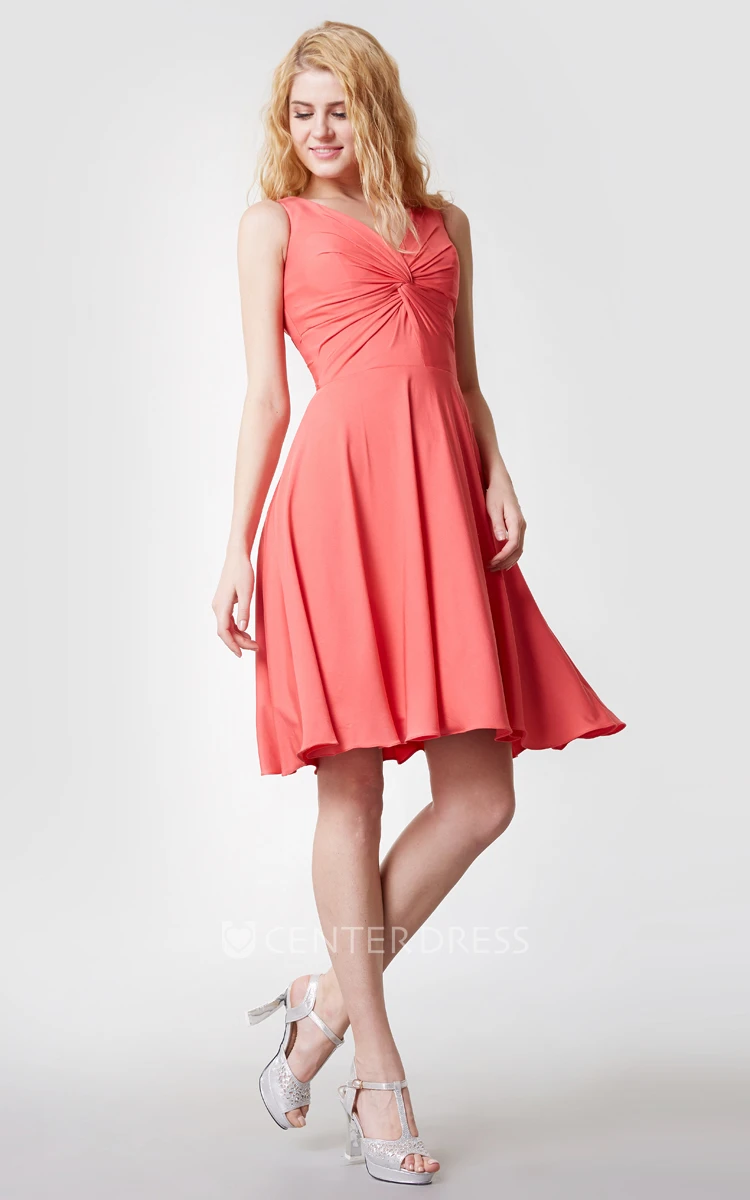 Sleeveless V Neck Ruched Jersey Dress With Knotted Bust