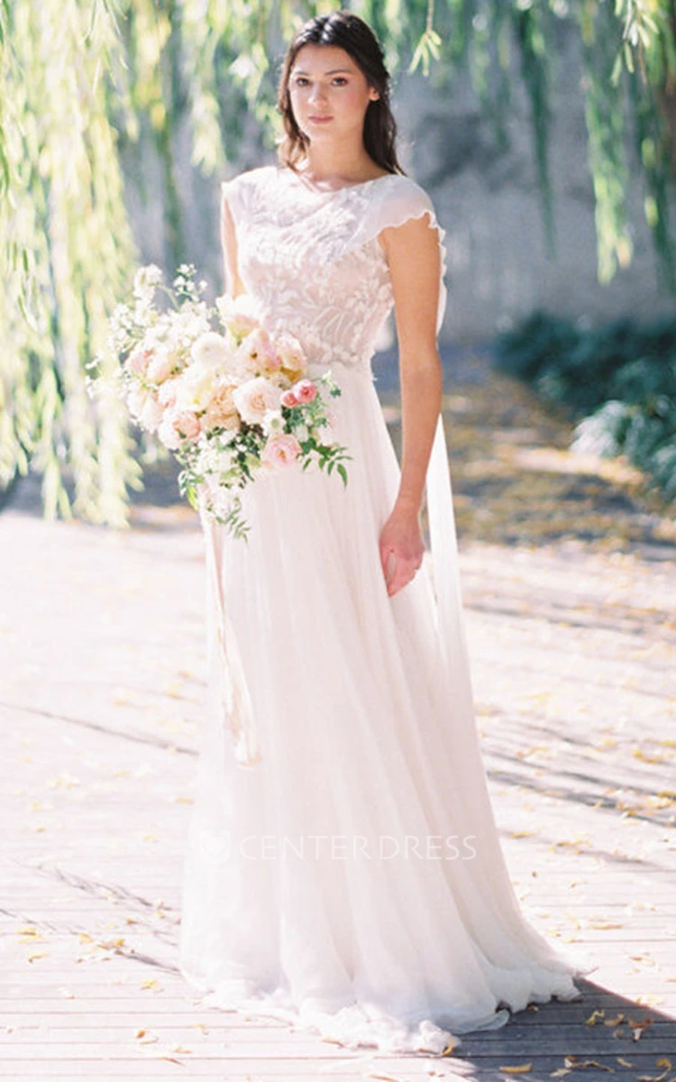 Bohemian A-Line Bateau Tulle Short Sleeve Floor-length Wedding Dress