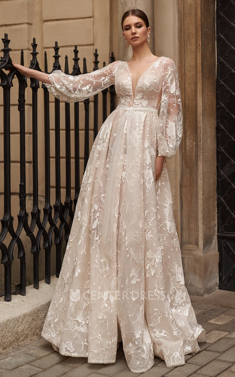 Exquisite Lace Plunging Neck A Line Sweep Train Wedding Dress with Appliques