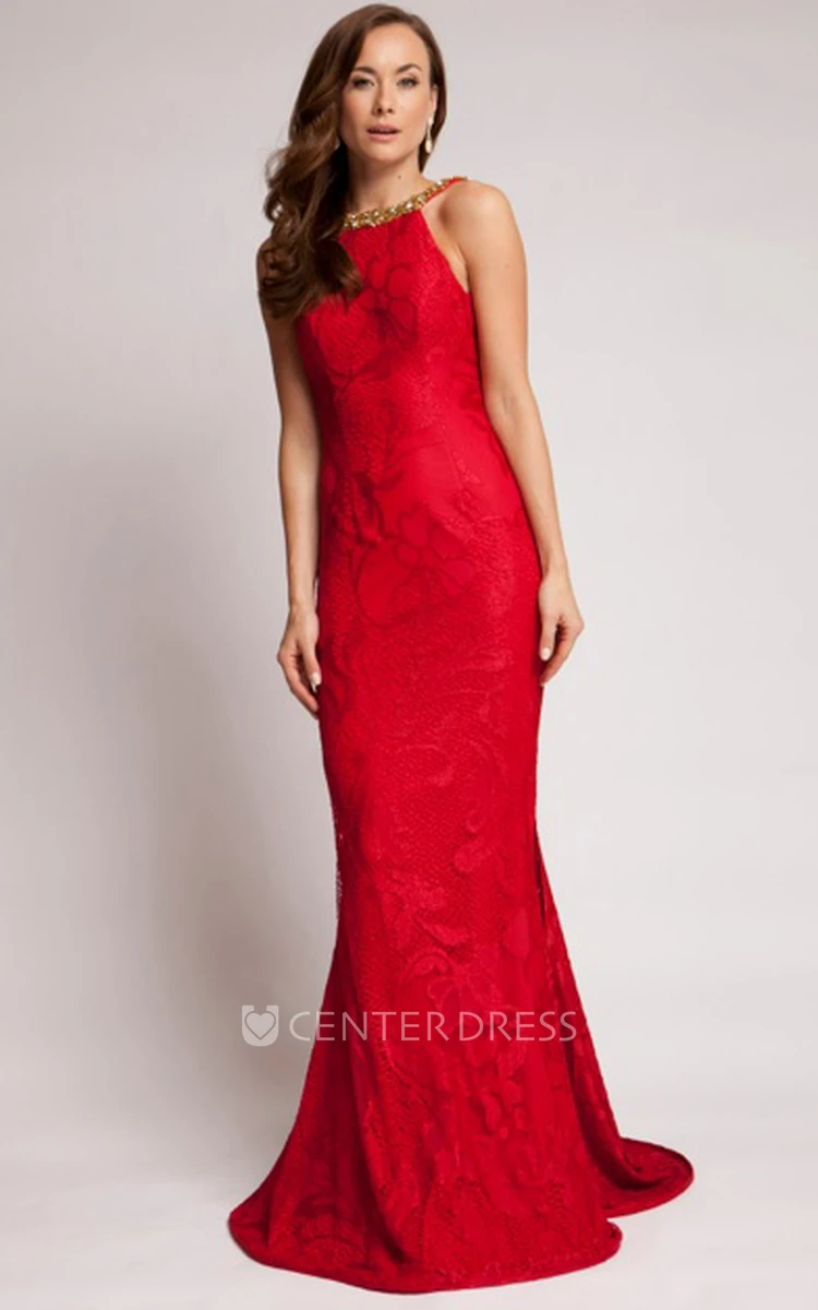 Sheath Floor-Length Beaded Sleeveless Scoop Lace Prom Dress With Backless Style And Appliques