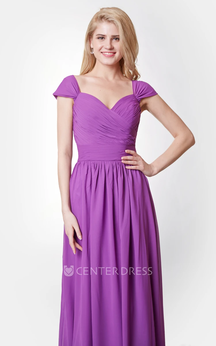 Graceful Chiffon A-line Gown With Cap Sleeves and Spaghetti Straps