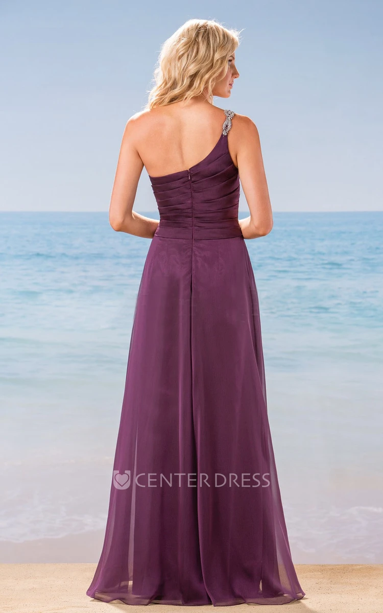 One-Shoulder A-Line Long Chiffon Bridesmaid Dress With Pleats