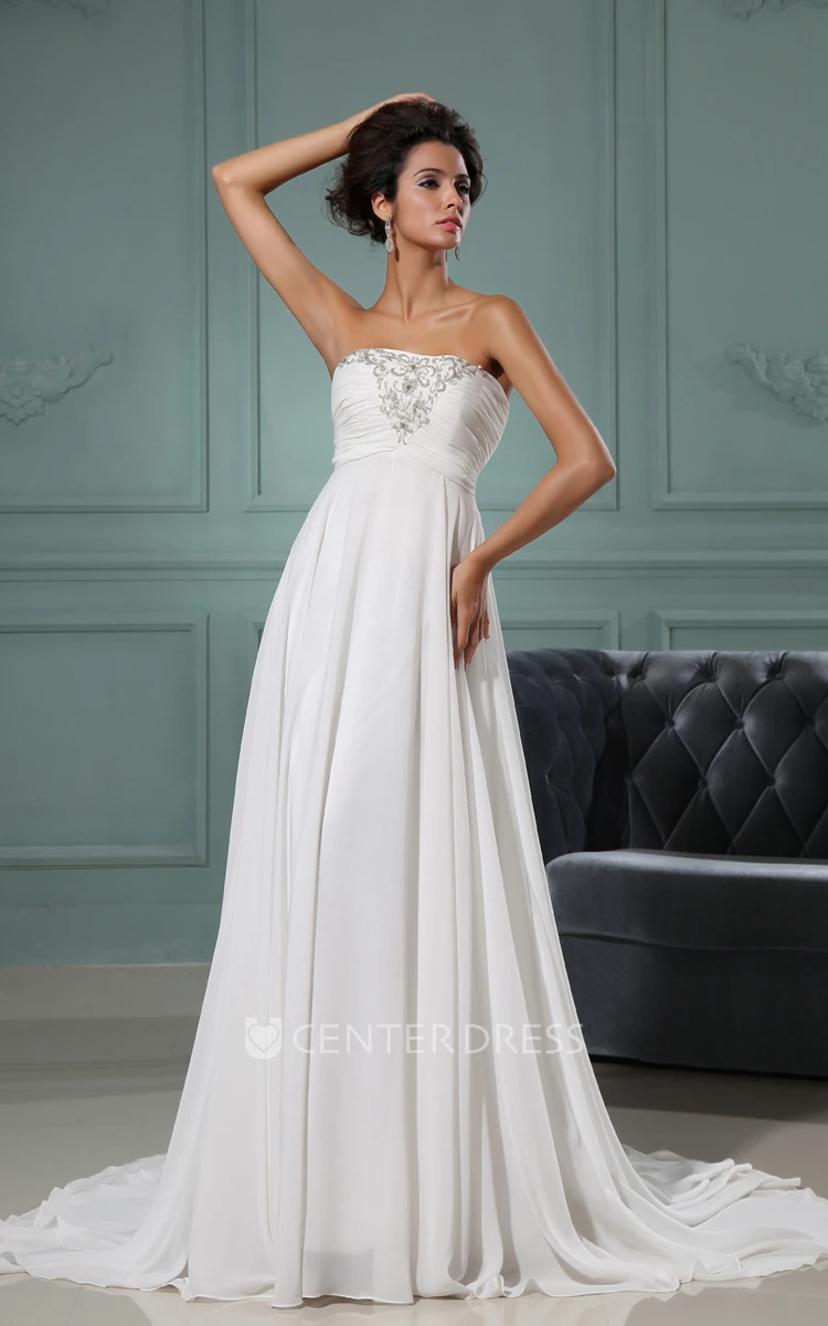 A-Line Strapless Gown With Lace And Ruching Bodice