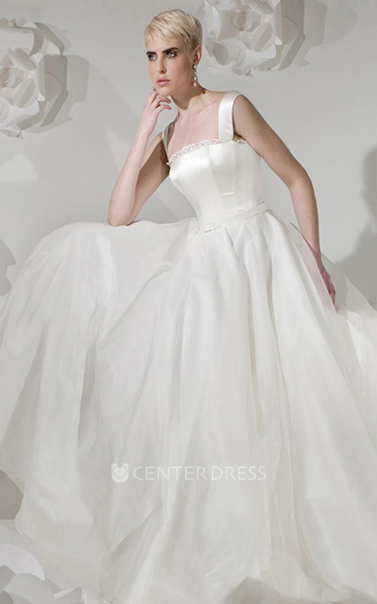 Ball-Gown One-Shoulder Long Sleeveless Tulle&Satin Wedding Dress