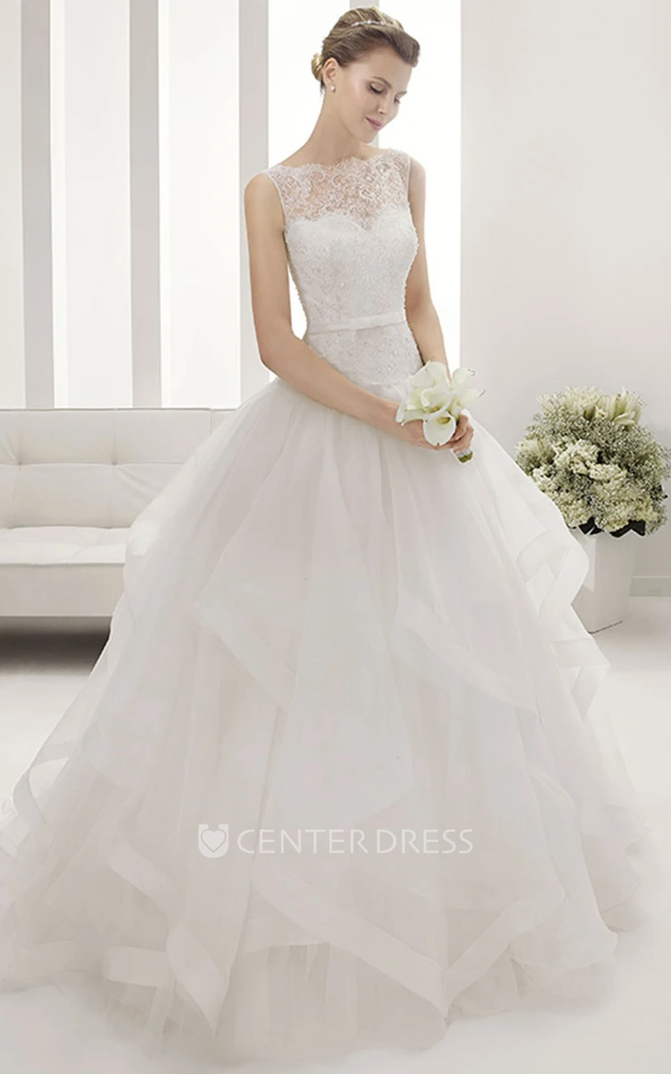 Lace Bateau Neck Bridal Gown With Layered Organza Skirt And V Back