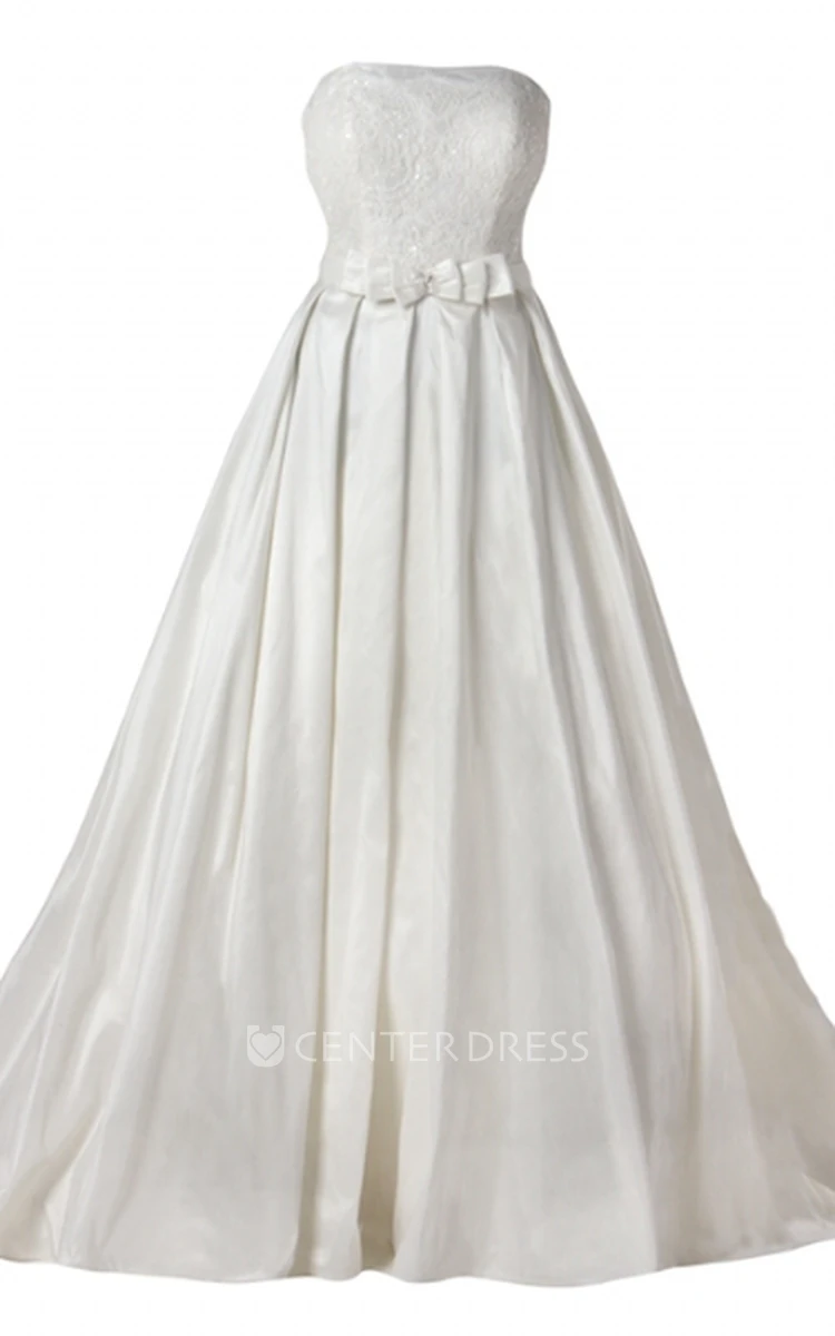A-Line Floor-Length Appliqued Strapless Sleeveless Satin Wedding Dress With Bow And Pleats