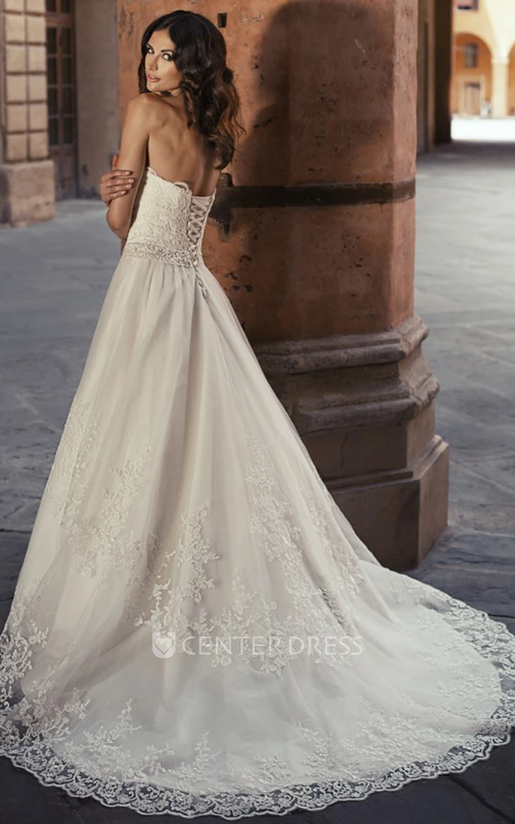 A-Line Sleeveless Long Appliqued Sweetheart Lace Wedding Dress With Waist Jewellery