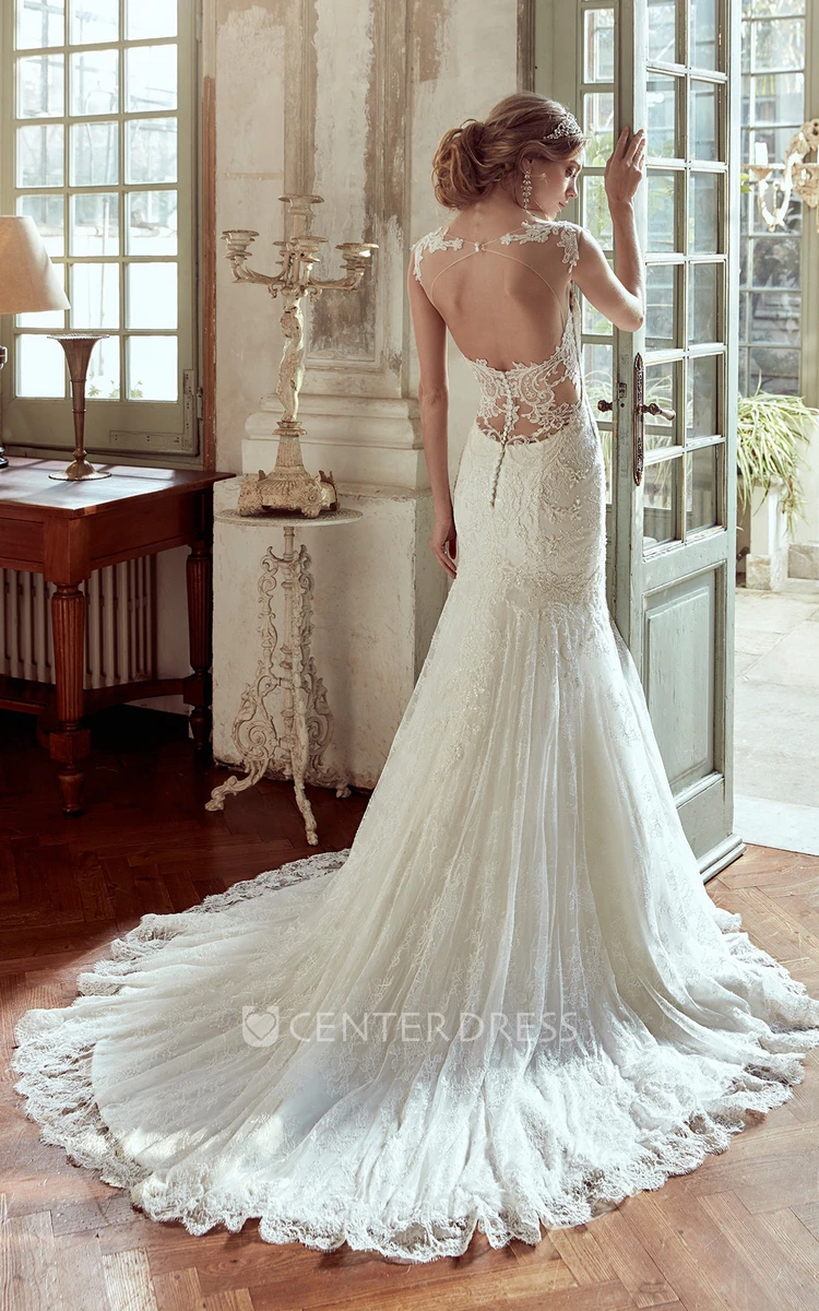 Strap-Neckline Lace Wedding Dress with Open Back and Brush Train