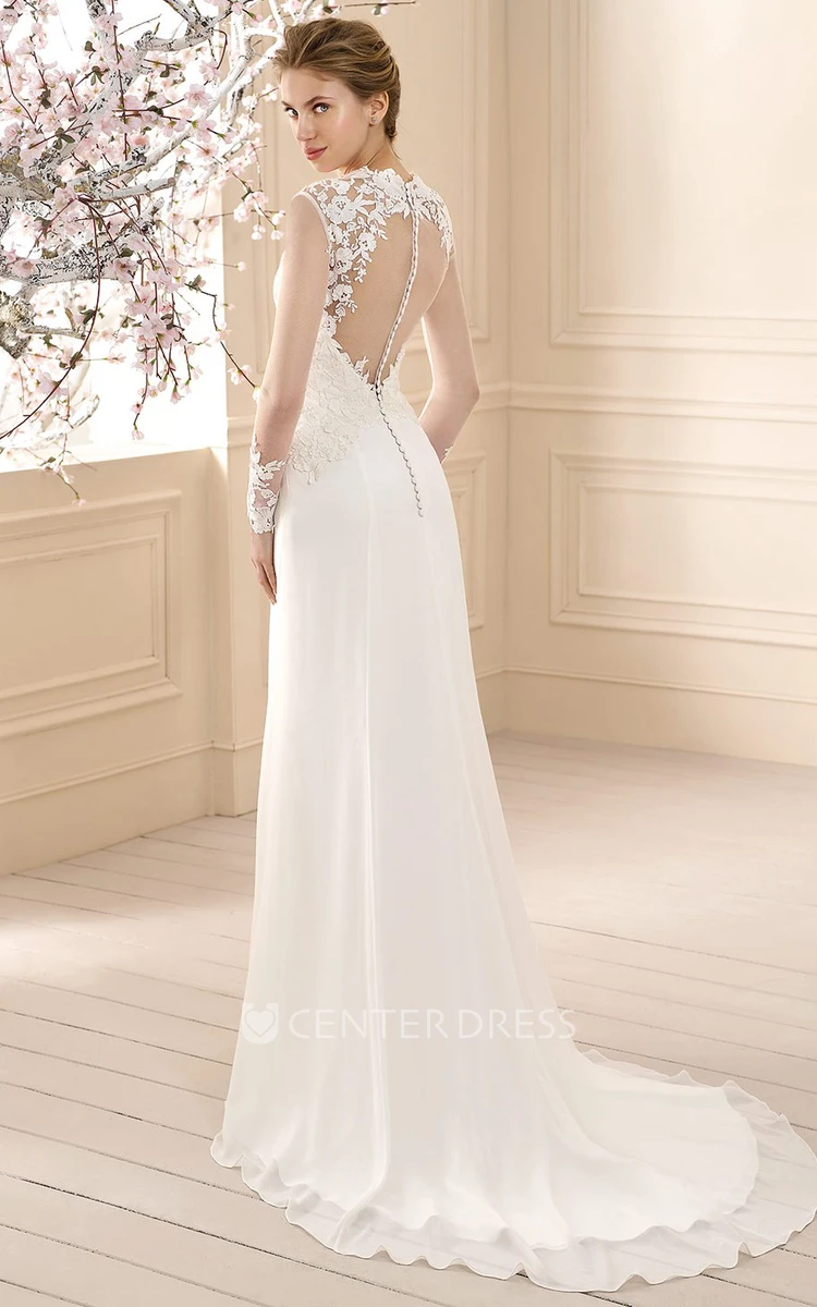 Sheath Long-Sleeve Appliqued Floor-Length Chiffon Wedding Dress