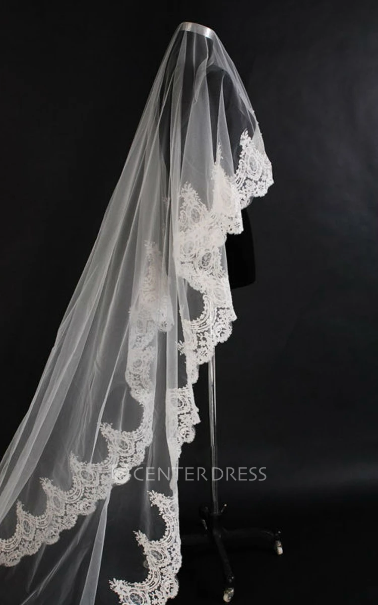 Long Soft Tulle Bridal Veil with Lace Appliques