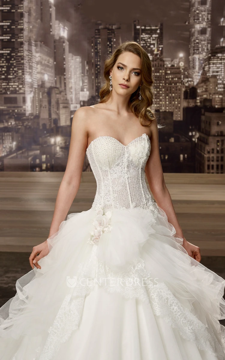 Sweetheart A-line Wedding Gown with Beaded Corset and Asymmetrical Ruffles