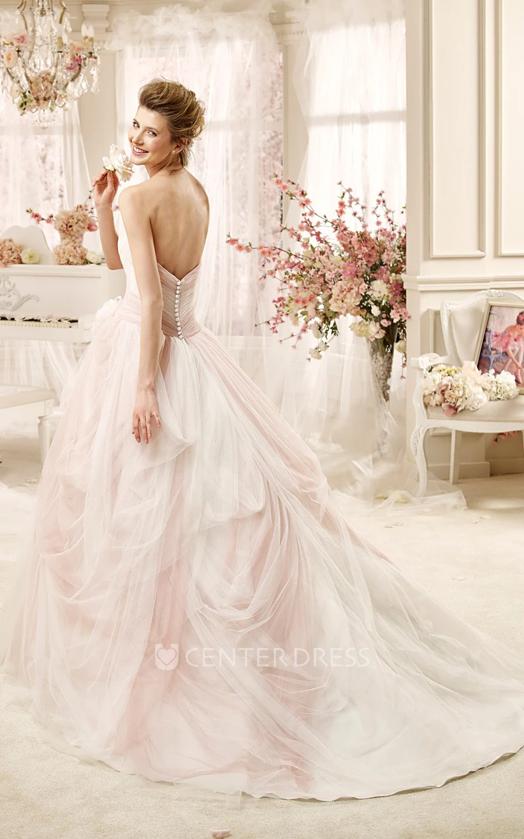 Romantic Strapless A-line Wedding Dress with Flowers and Pleated Bodice 