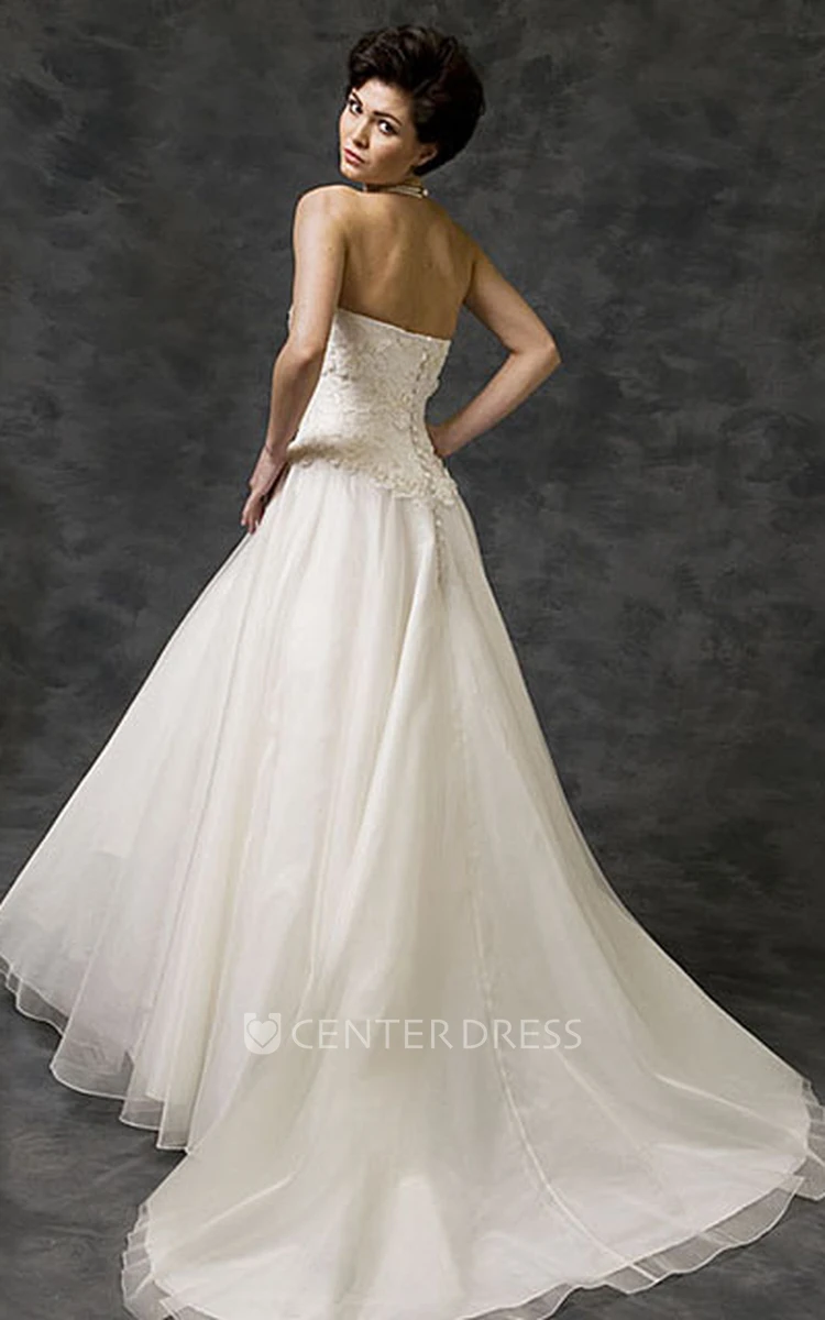 A-Line Strapless Tulle&Satin Wedding Dress With Watteau Train