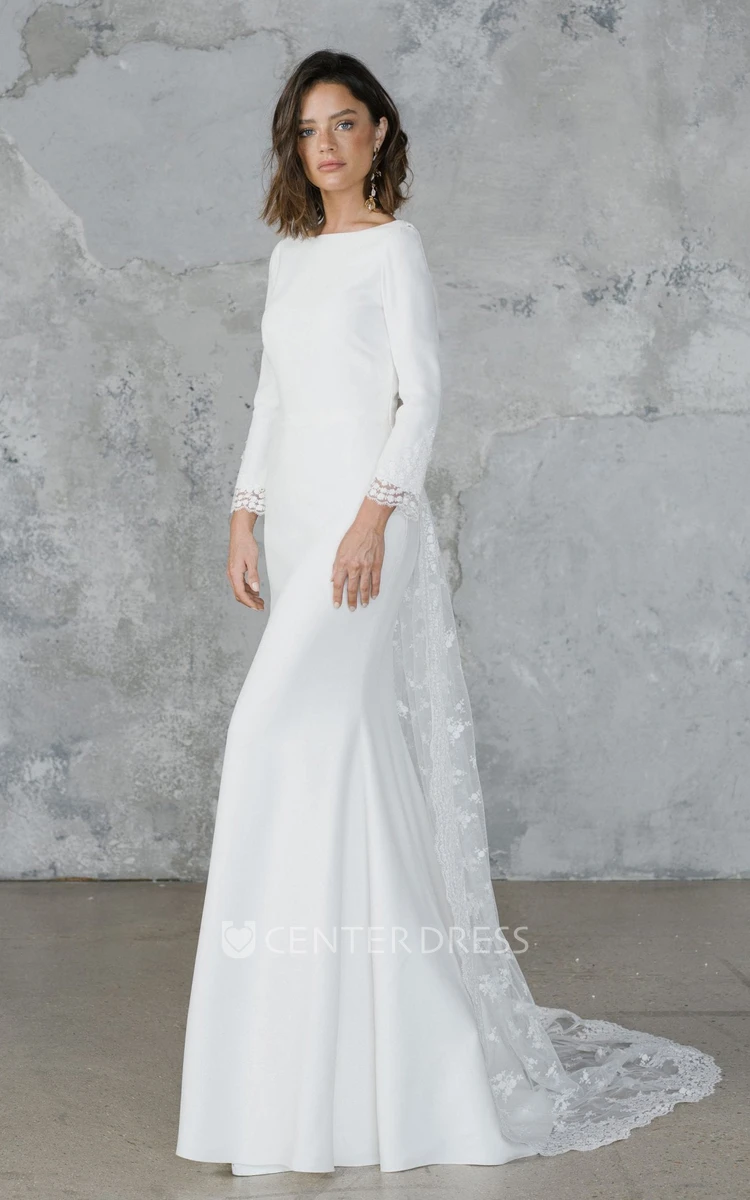Elegant Sheath Chiffon and Tulle Long Sleeves Deep-V Back Bridal Gown
