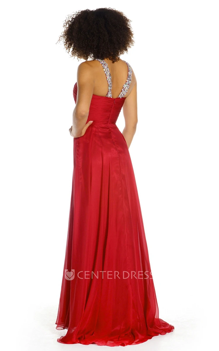 A-Line Floor-Length Beaded Sleeveless Chiffon Prom Dress With Zipper Back And Pleats