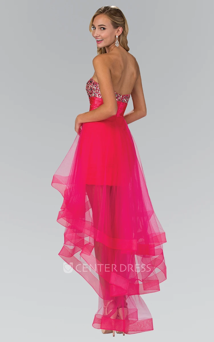 A-Line High-Low Sweetheart Sleeveless Tulle Backless Dress With Beading And Tiers