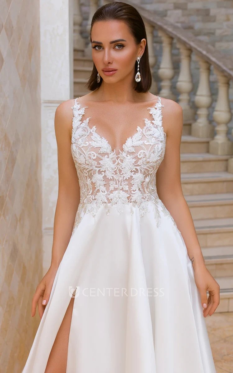 A-Line Sleeveless Split Front Sweep Train Wedding Dress with Lace Appliques