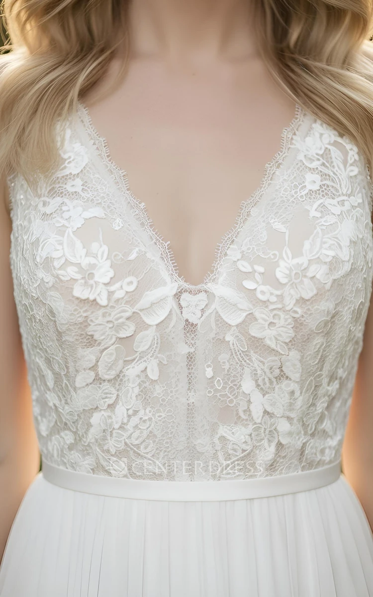 A-Line Lace Sleeveless Wedding Dress V-Neck Chiffon Gown for Garden & Outdoor Wedddings
