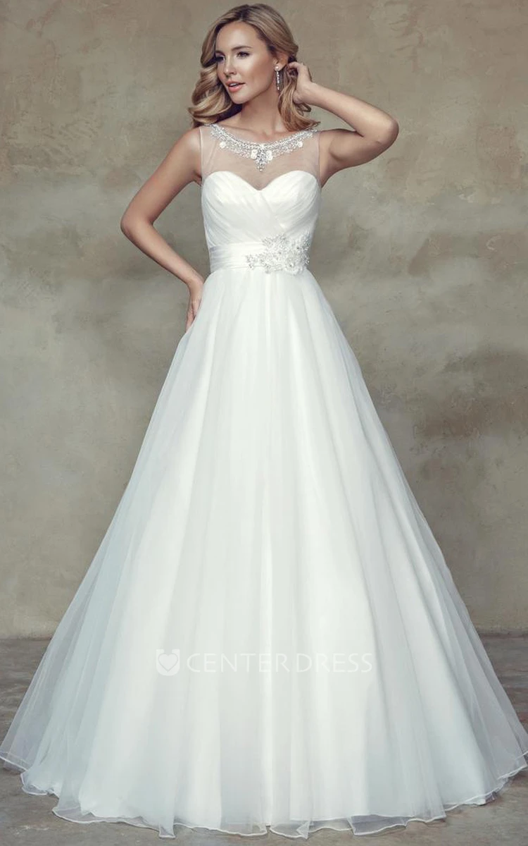 A-Line Scoop Criss-Cross Sleeveless Maxi Tulle&Satin Wedding Dress With Beading And Flower