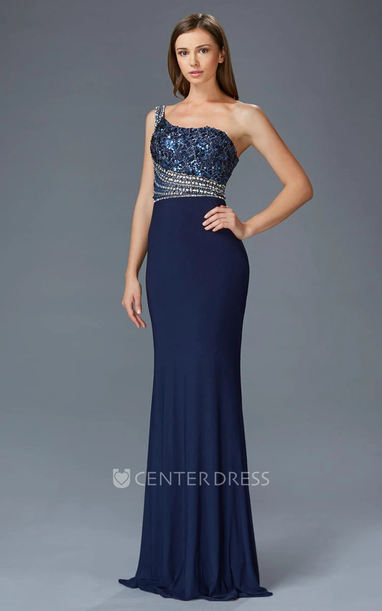 Sheath One-Shoulder Sleeveless Jersey Dress With Sequins And Beading