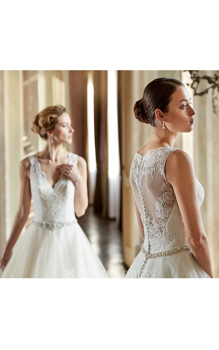 Ball Gown V-Neck Appliqued Floor-Length Sleeveless Tulle&Lace Wedding Dress With Waist Jewellery