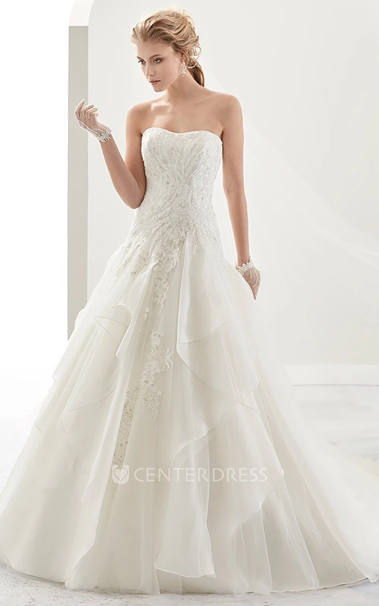 Strapless Beaded A-Line Bridal Gown With Ruffles Overlayer And Court Train