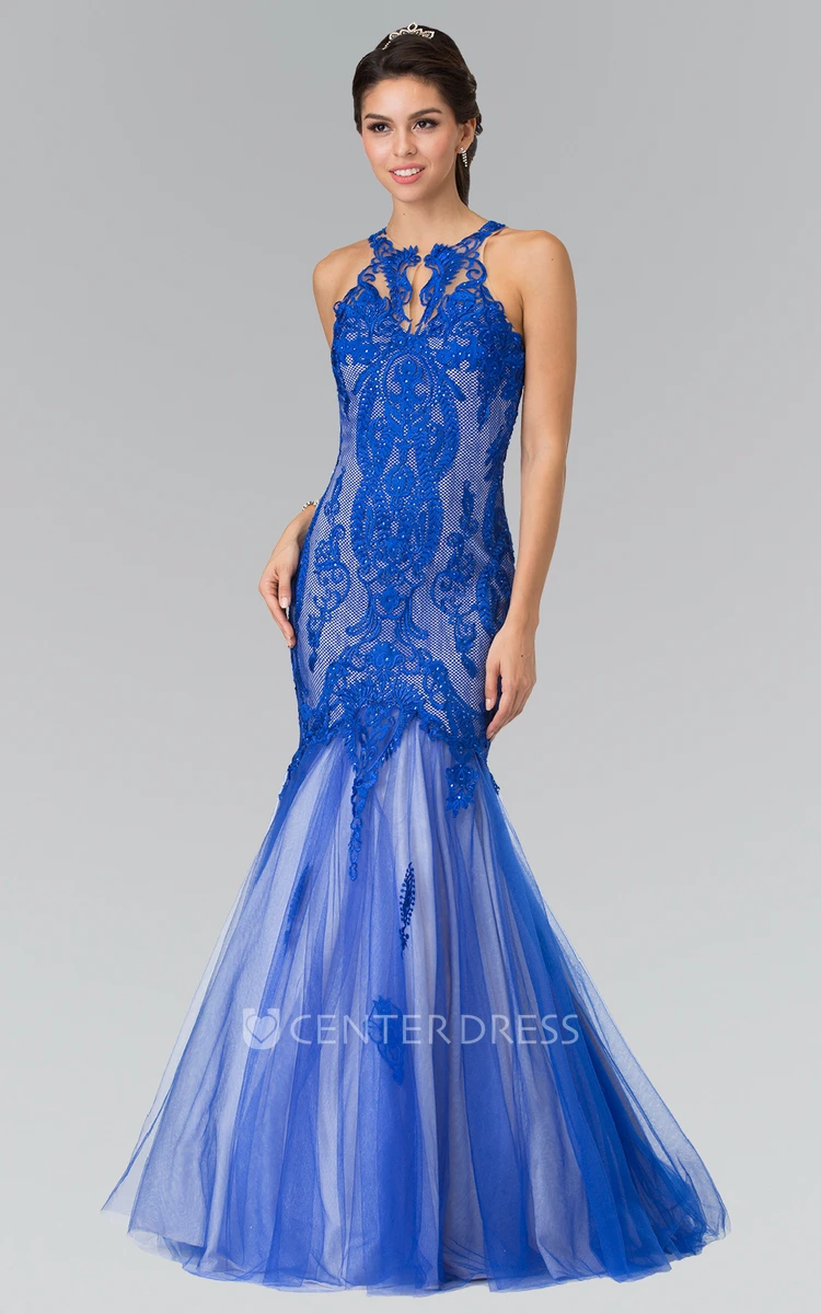 Mermaid Jewel-Neck Sleeveless Tulle Illusion Dress With Lace And Appliques