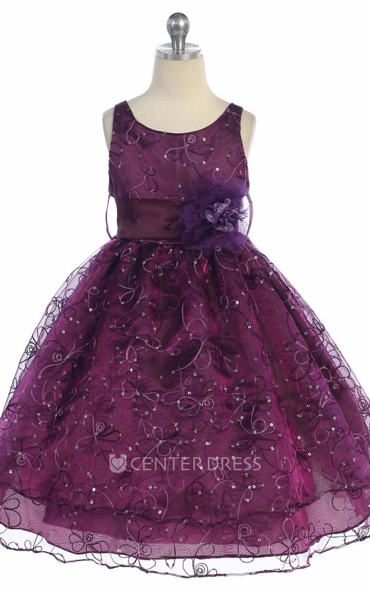 Tea-Length Embroideried Floral Sequins&Organza Flower Girl Dress With Ribbon