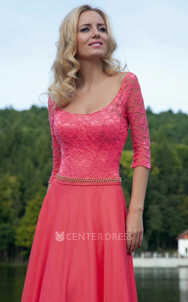 Sheath Square-Neck Maxi Half-Sleeve Lace Tulle Prom Dress With Waist Jewellery
