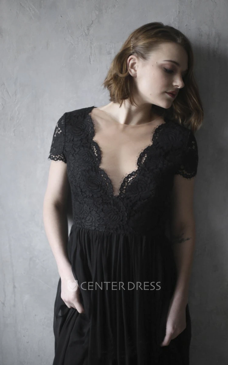 Black Illusion Back Chiffon Wedding Dress With Scalloped V-neck Lace Appliques