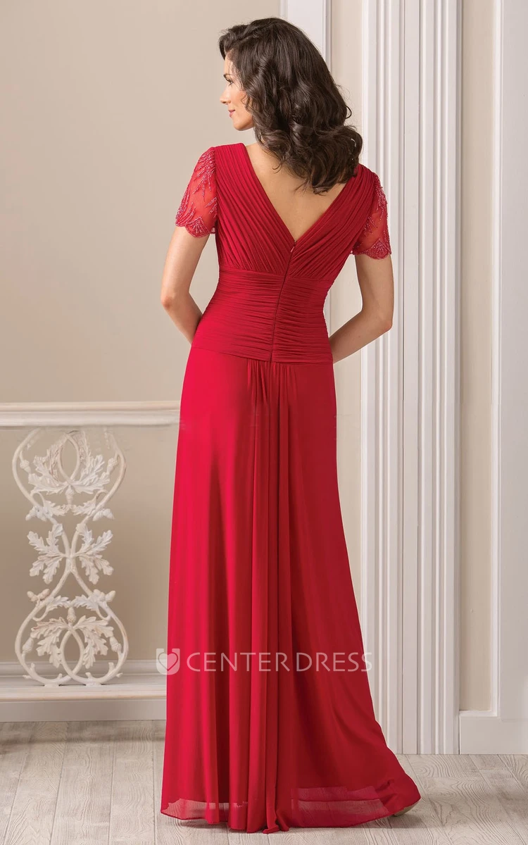 Short-Sleeved V-Neck Long Mother Of The Bride Dress With Pleats And Beadings