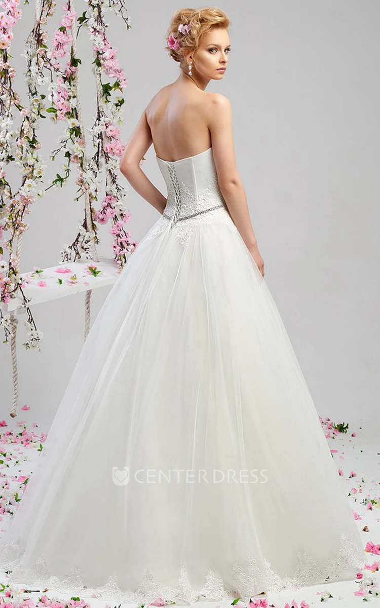 A-Line Long Appliqued Strapless Sleeveless Satin&Tulle Wedding Dress With Waist Jewellery And Cape