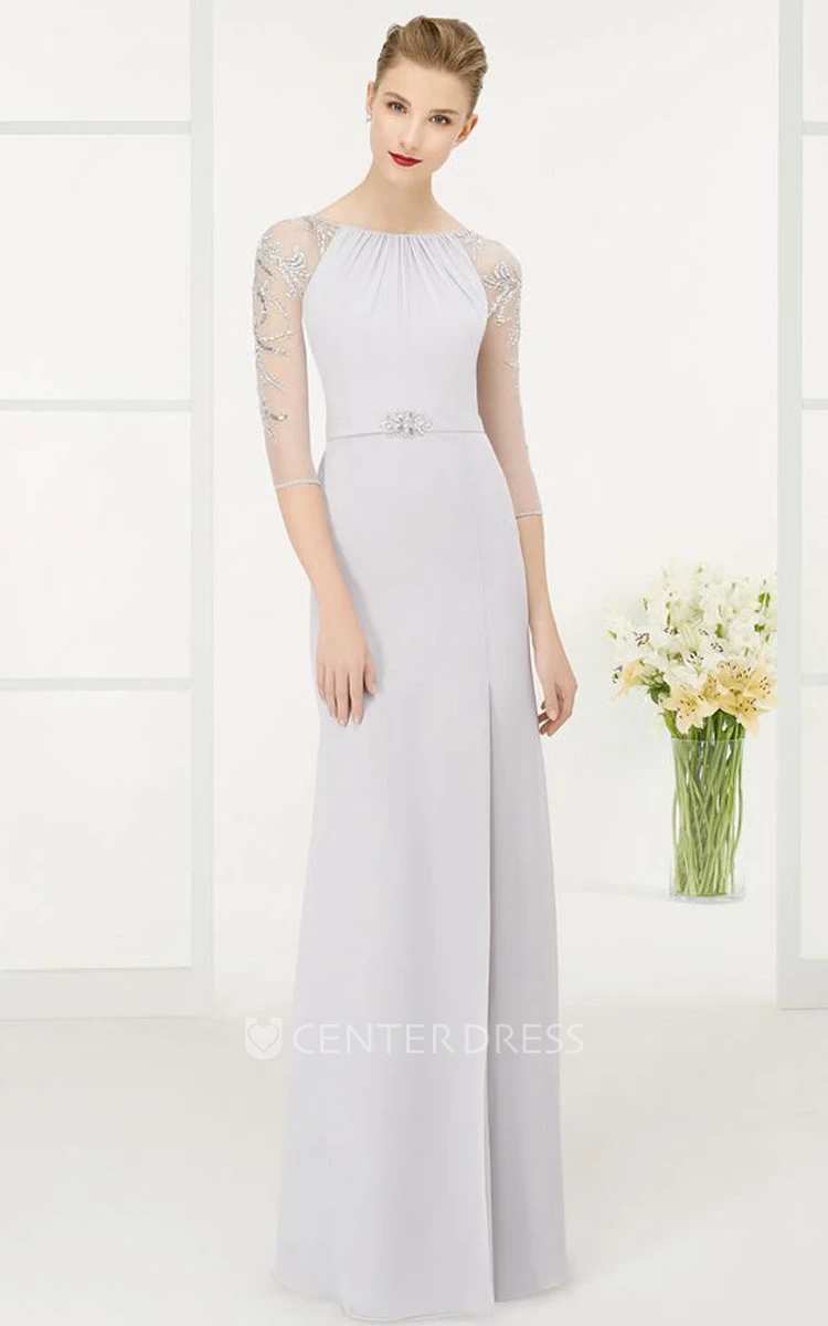 Sheath Half-Sleeve Jewel-Neck Beaded Maxi Chiffon Prom Dress With Broach