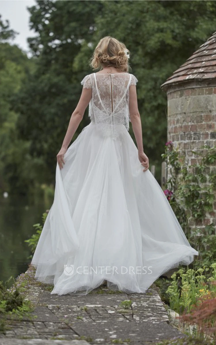 Jewel Floor-Length Cap-Sleeve Lace Tulle Wedding Dress With Illusion