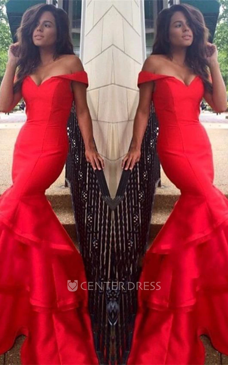 Sexy Red Mermaid Prom Dress Off the Shoulder With Ruffles