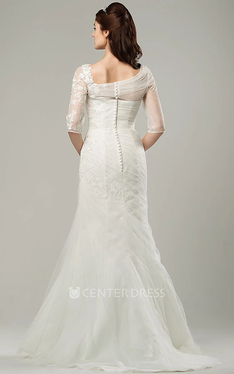 Ruched Scoop-Neck Half-Sleeve Tulle Wedding Dress With Sweep Train