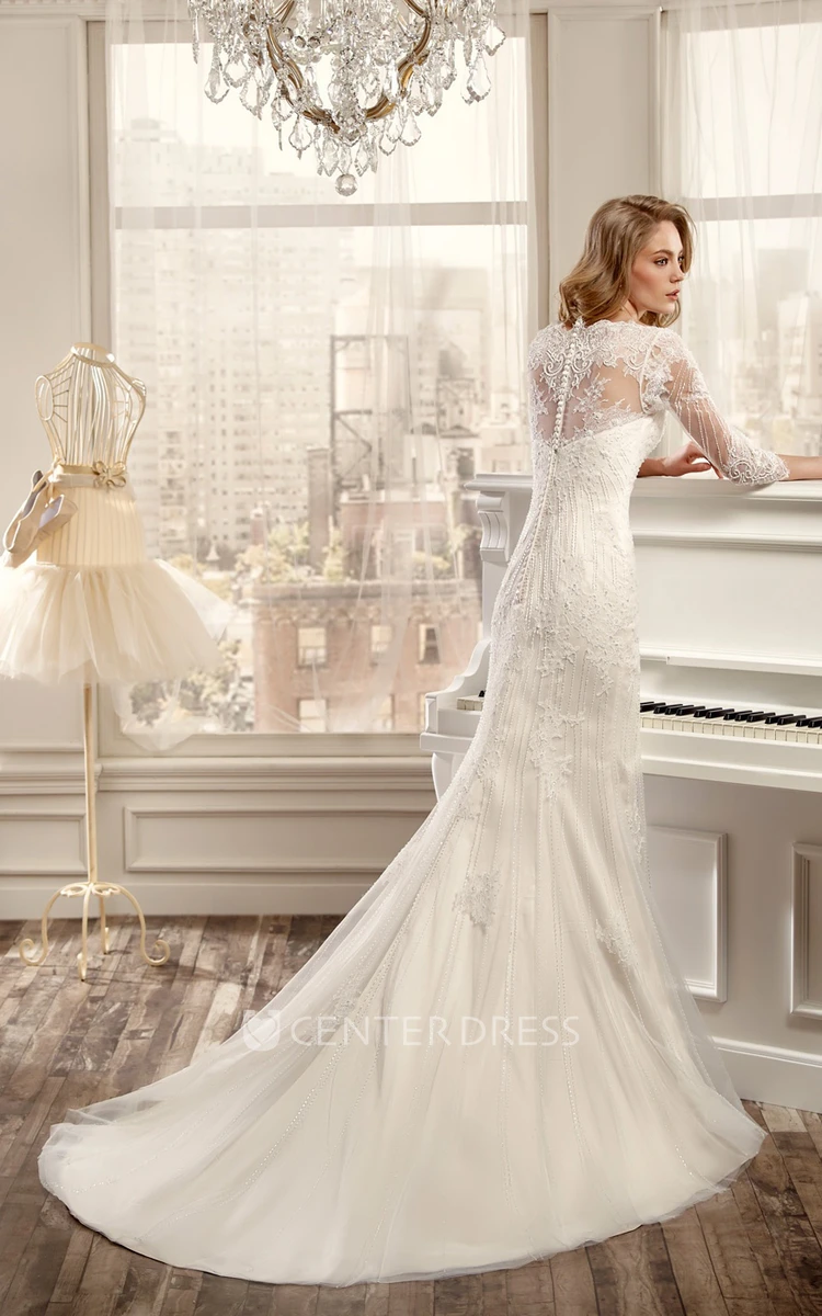 Sheath Beaded Bateau Long 3-4-Sleeve Tulle Wedding Dress With Appliques And Illusion Back