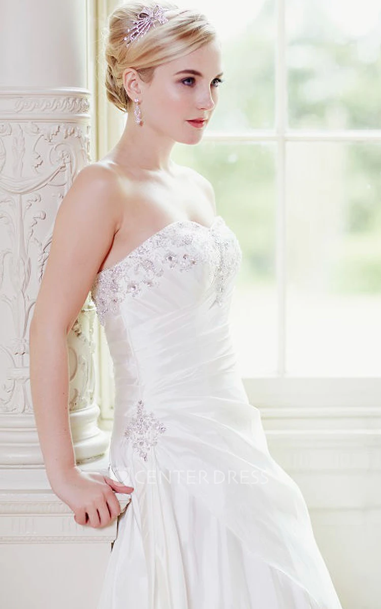 A-Line Sweetheart Beaded Taffeta Wedding Dress With Ruching And Lace Up