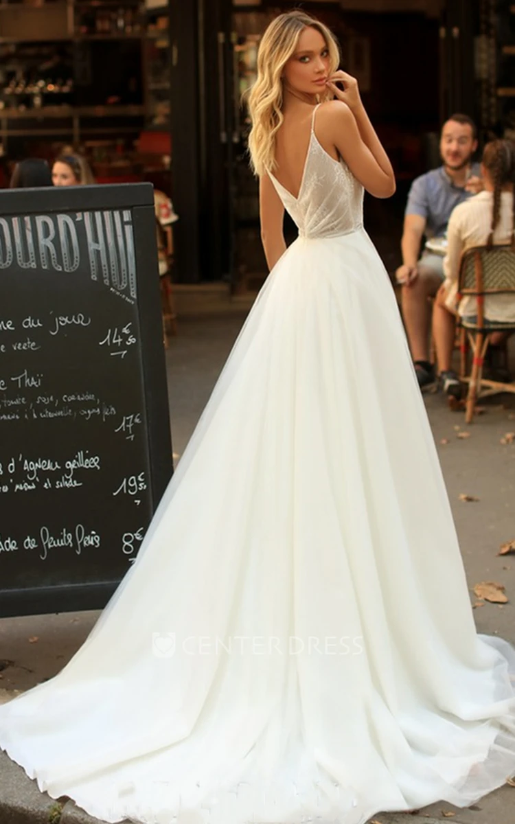 Romantic A Line Spaghetti V-neck Tulle Wedding Dress with Criss Cross