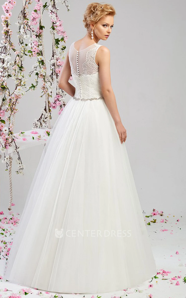 A-Line Scoop-Neck Floor-Length Sleeveless Appliqued Tulle&Satin Wedding Dress With Waist Jewellery
