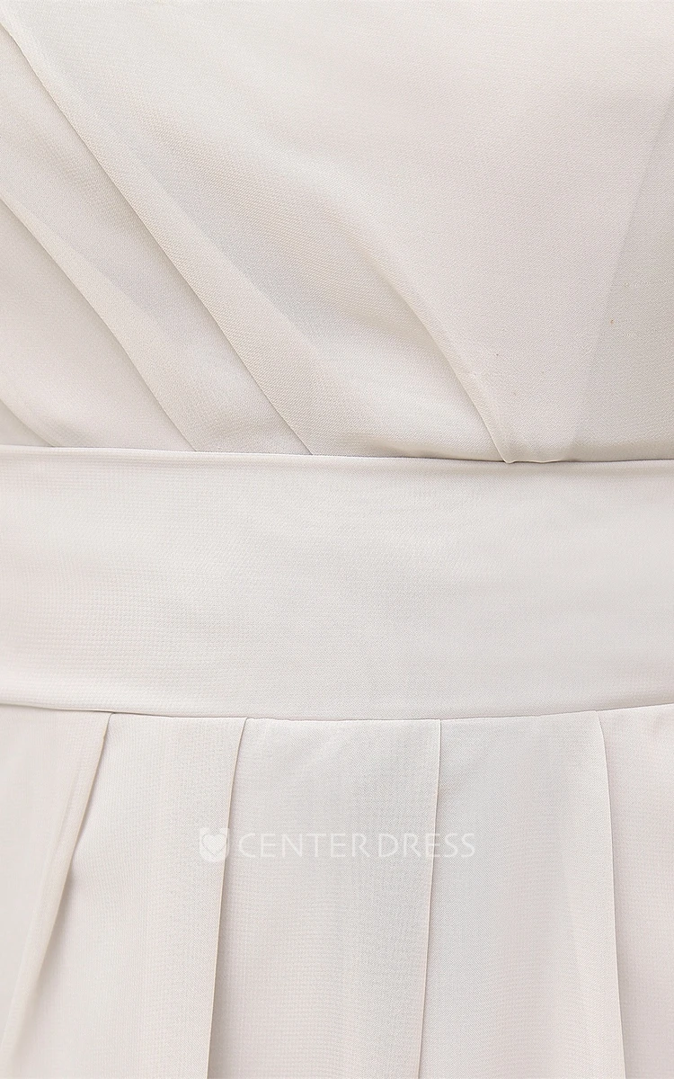 One-Shoulder A Line Sleeveless Midi Chiffon Bridesmaid Dress with Pleats