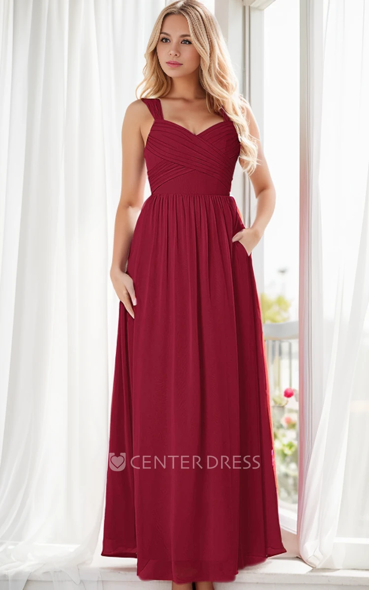 Chiffon Burgundy A-Line Plus Size Ruched Open Back Maxi Dress with Pocket Simple Floor Length Chiffon Bridesmaid Dress