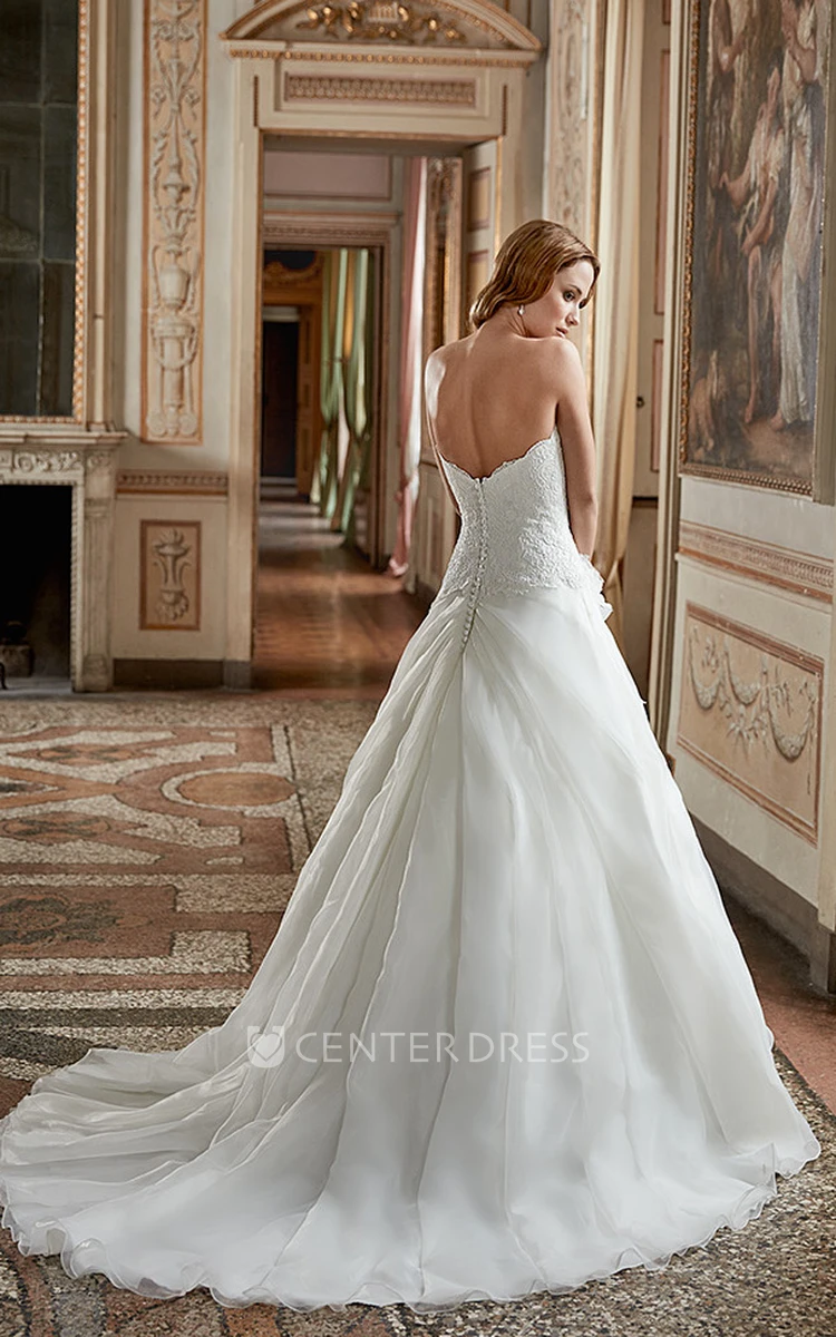 A-Line Strapless Floor-Length Appliqued Sleeveless Satin Wedding Dress With Ruffles And Flower